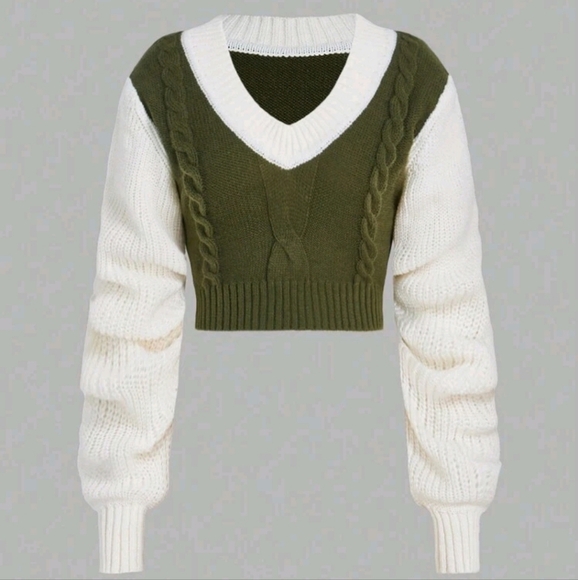 Two Tone Cable Knit Crop Sweater - Picture 1 of 4